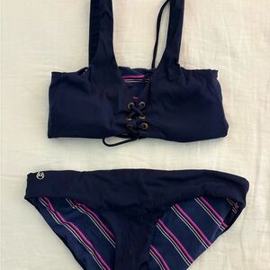 Maaji REVERSIBLE Navy Ribbed Lace-Up Bikini Top and Striped Bottoms
